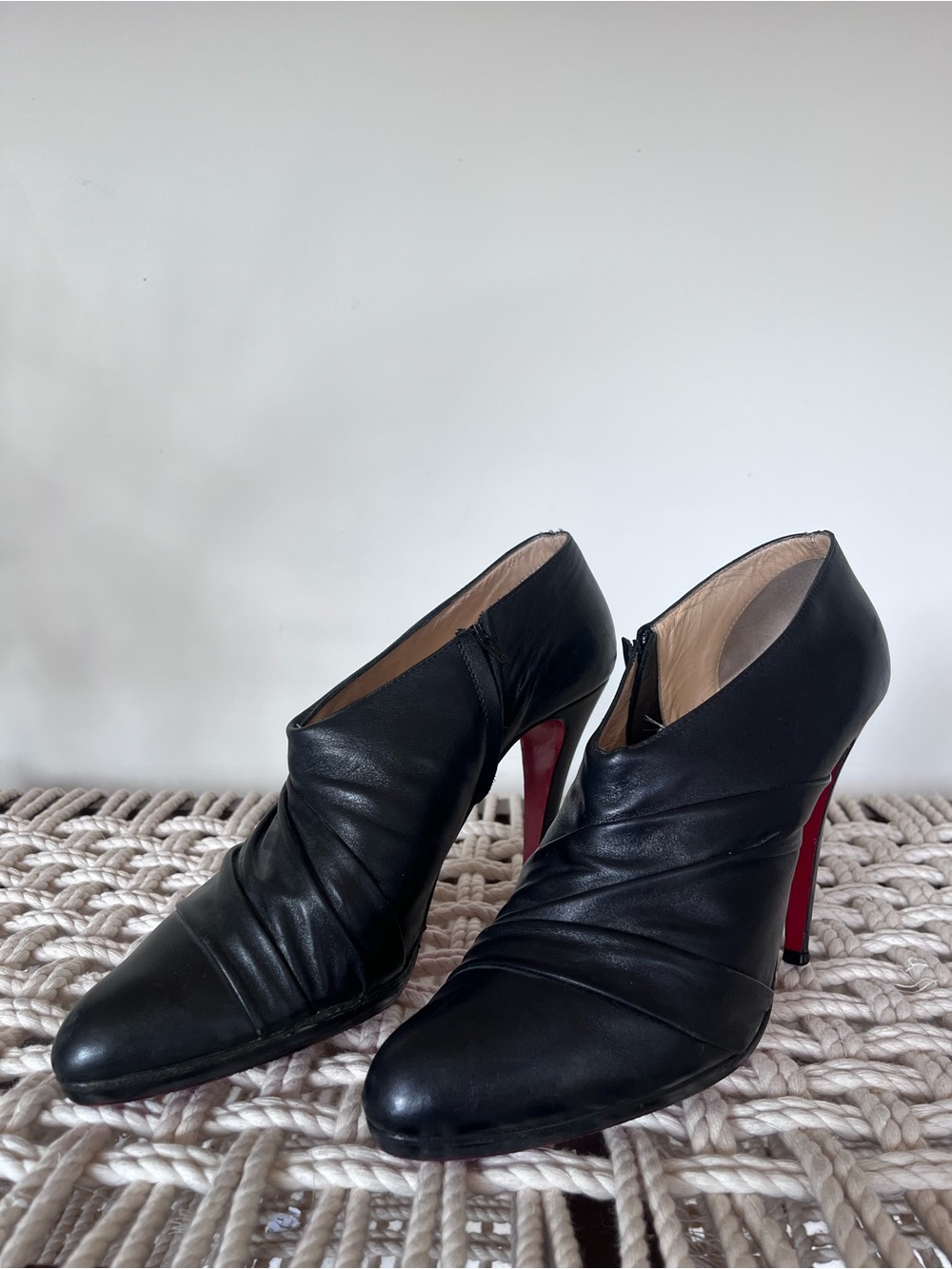 Christian Louboutin Black Leather Ankle Booties with Red Heel